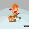 Fall Apple Pickers clipart, cute curly haired girl