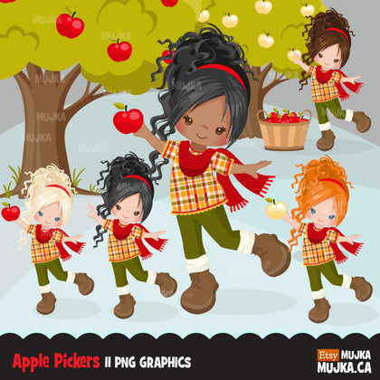 Fall Apple Pickers clipart, cute curly haired girl