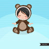Baby Bear clipart, bear costume baby shower graphics.