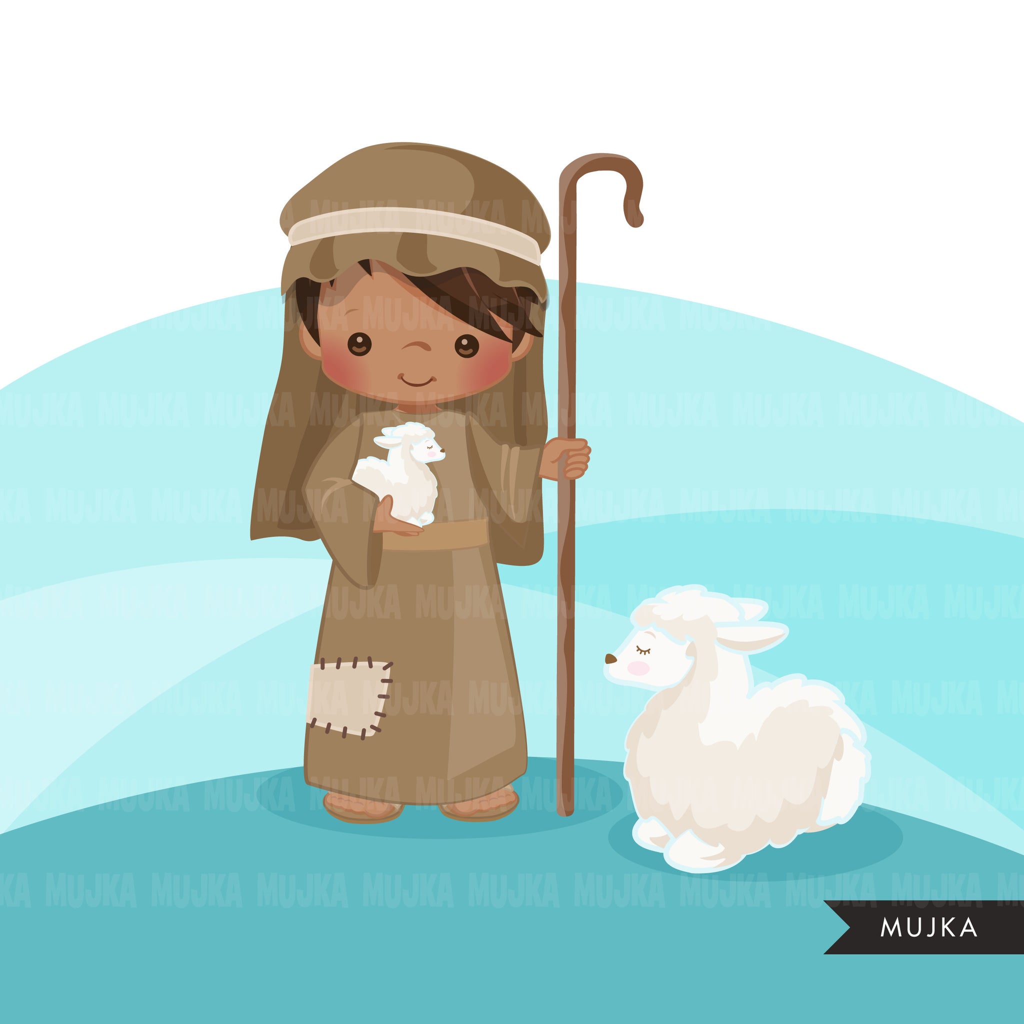 Clipart Natividad, niño pastor con cría animal oveja religiosa