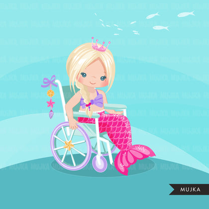 Special Needs Wheelchair clipart, girl with disability, mermaid princess