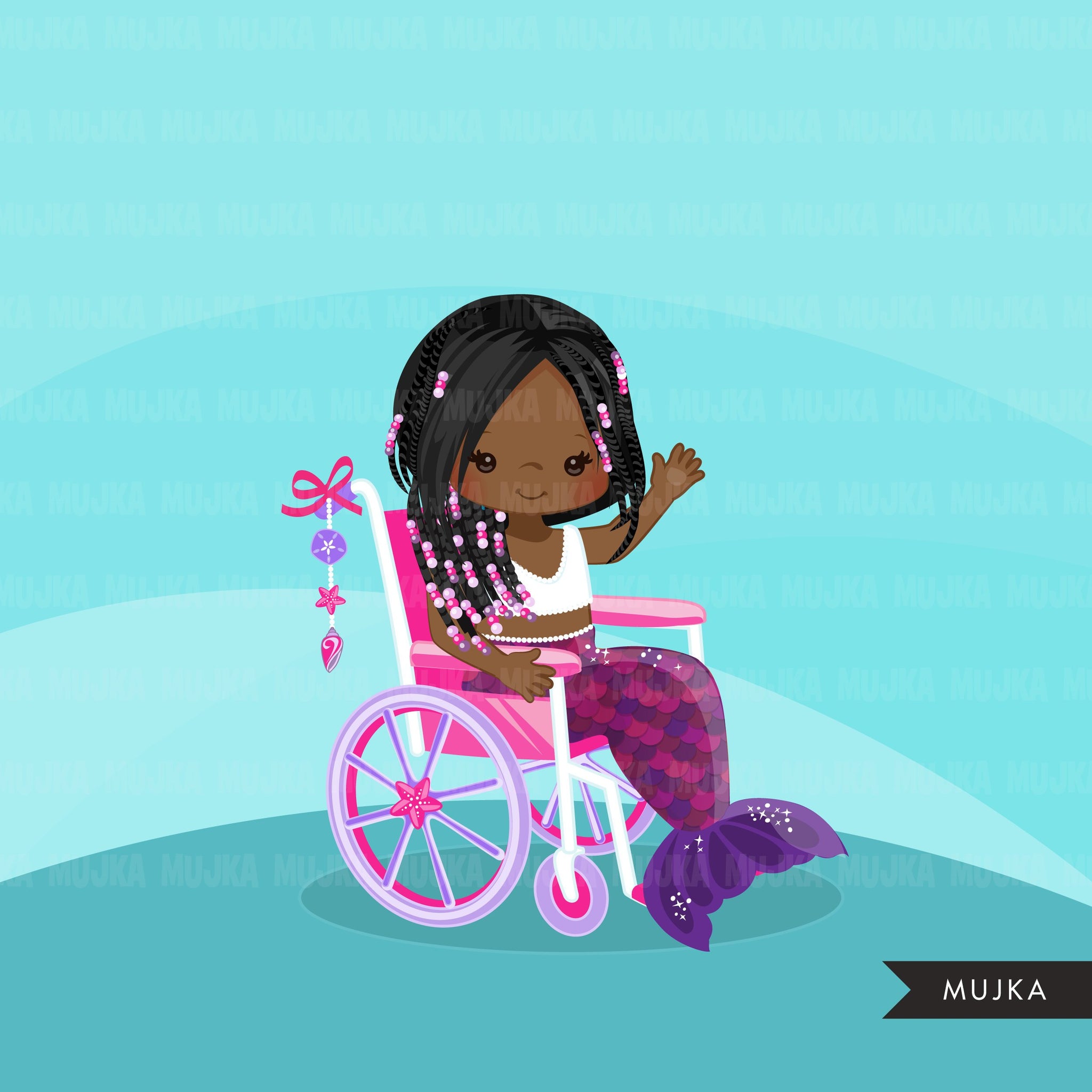 Special Needs Wheelchair clipart, black Mermaid princess girl with disability