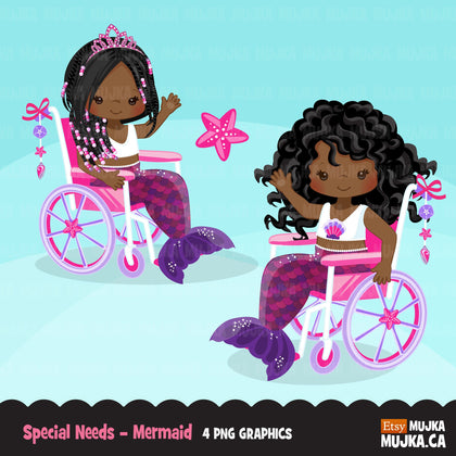 Special Needs Wheelchair clipart, black Mermaid princess girl with disability