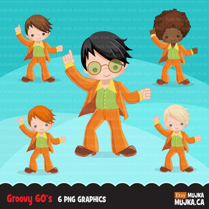 60's retro groovy Boys clipart. Vintage Pop graphics