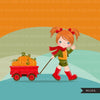 Little girl FALL clipart, cute girl carry wagon