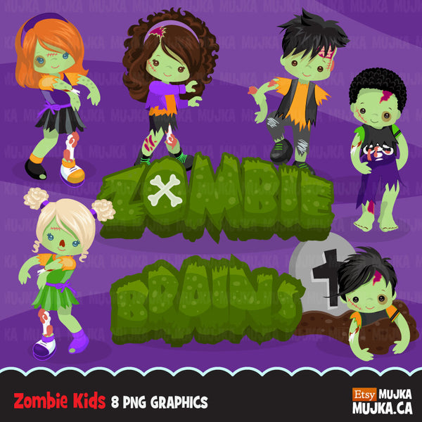 Halloween zombie kids clipart. Cute zombies girl and boy – MUJKA CLIPARTS