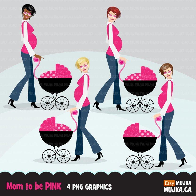 Clipart de chá de bebê. Linda mãe elegante para ser personagem com carrinho de bolinhas rosa.