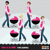 Baby Shower Clipart. Cute posh mom to be characters with pink polka dot stroller.