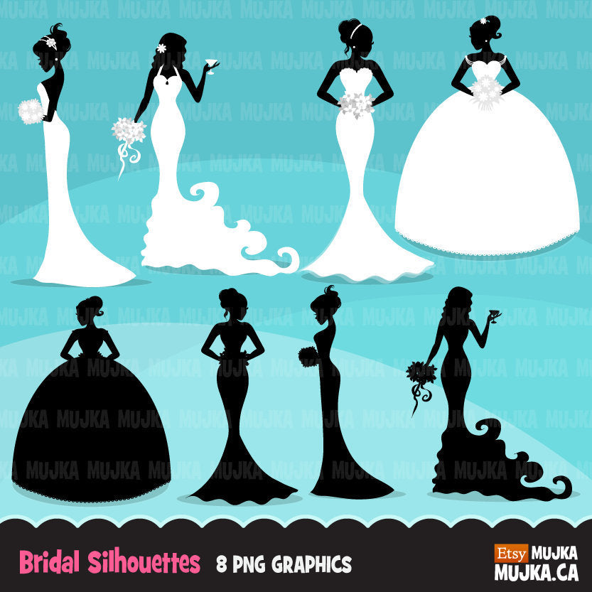 Wedding bridal clipart, black bride silhouettes