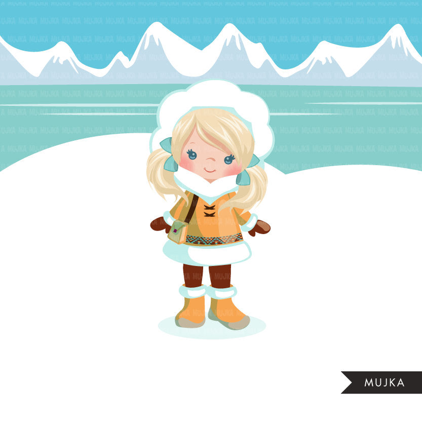 Chica esquimal ártica clipart. gráficos de invierno