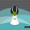 Halloween Clipart, girl and boy, bride and groom,  Frankenstein and his bride illustrations