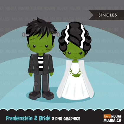 Halloween Clipart, girl and boy, bride and groom,  Frankenstein and his bride illustrations