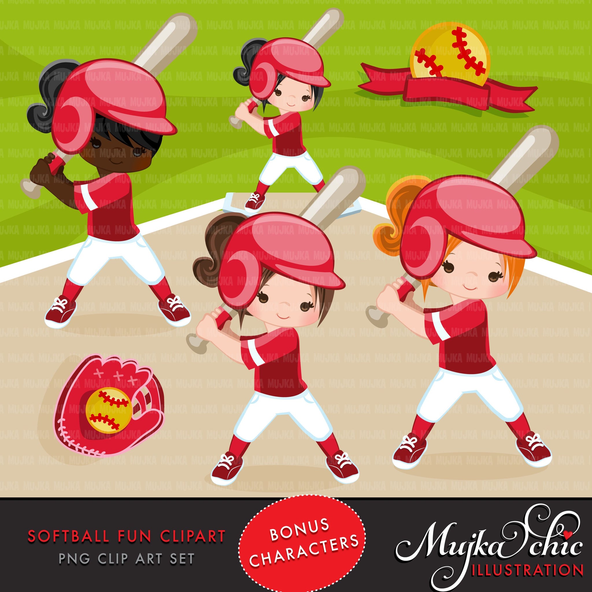 Softball Clipart, Girl in red