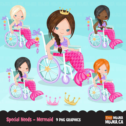 Imágenes prediseñadas de silla de ruedas para necesidades especiales, niña con discapacidad, princesa sirena
