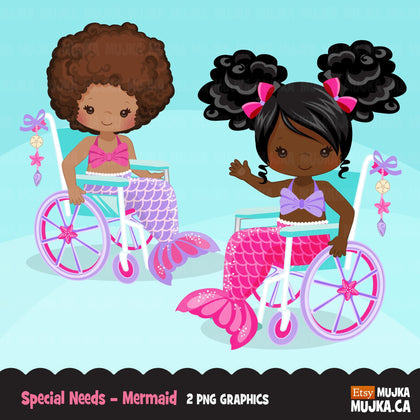 Imágenes prediseñadas de sillas de ruedas para necesidades especiales. Chicas en silla de ruedas sirena negra.