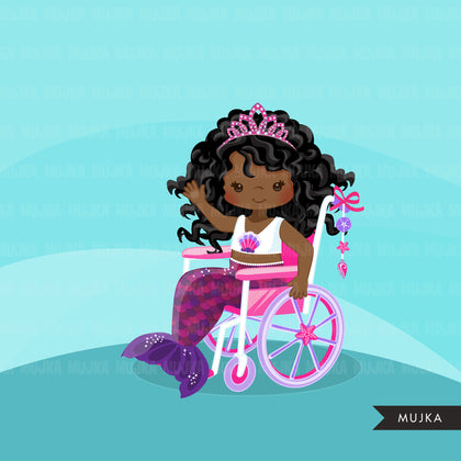 Imágenes prediseñadas de silla de ruedas para necesidades especiales, niña princesa sirena negra con discapacidad