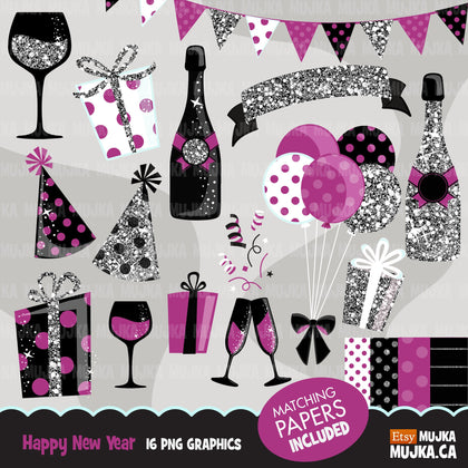 Happy New Year Celebration Clipart Silver Glitter