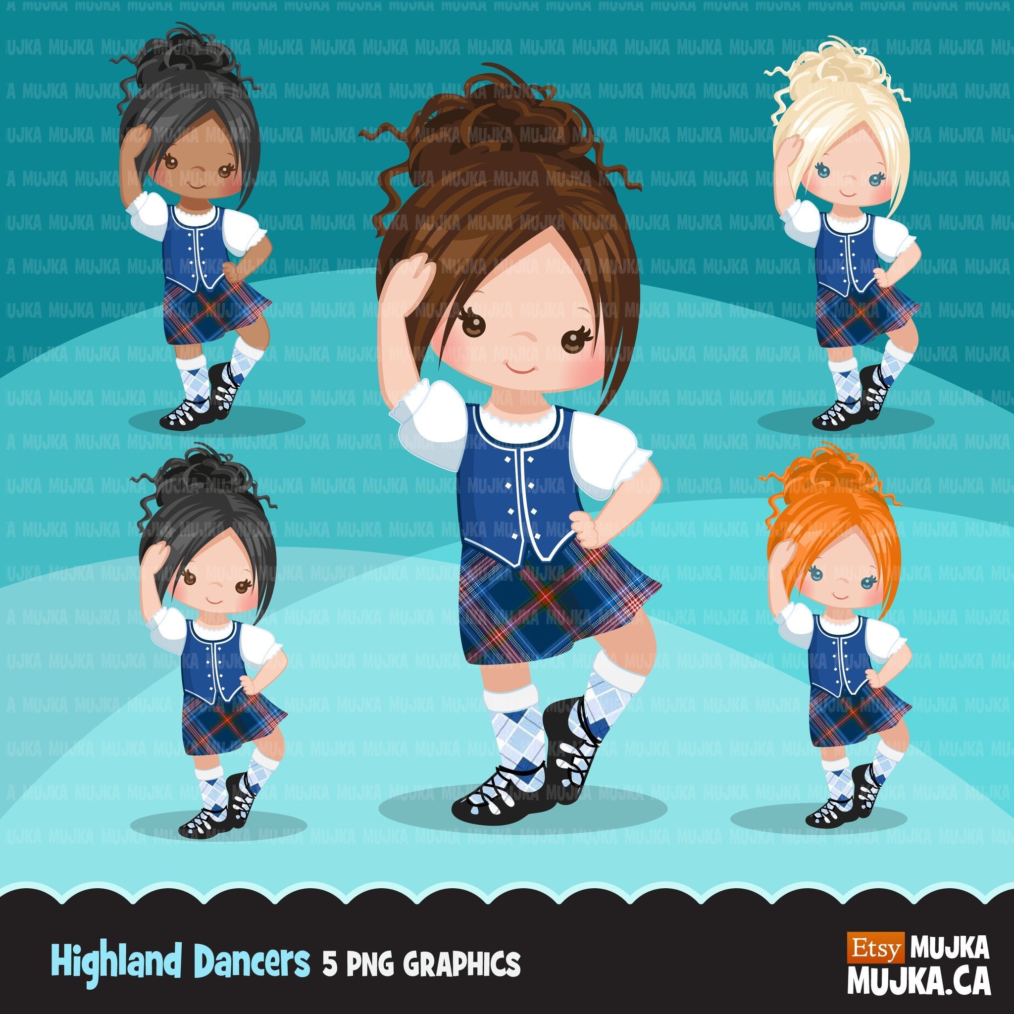 Highland dancers clipart, girl dancers in blue