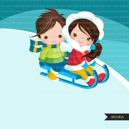 Winter sled snow boys and girls clipart
