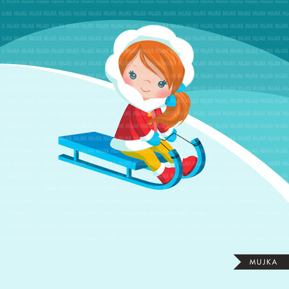 Winter sled snow girls clipart