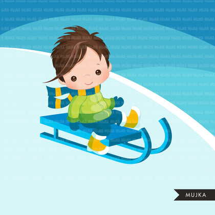 Winter sled snow boys clipart