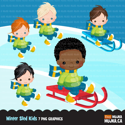 Winter sled snow boys clipart