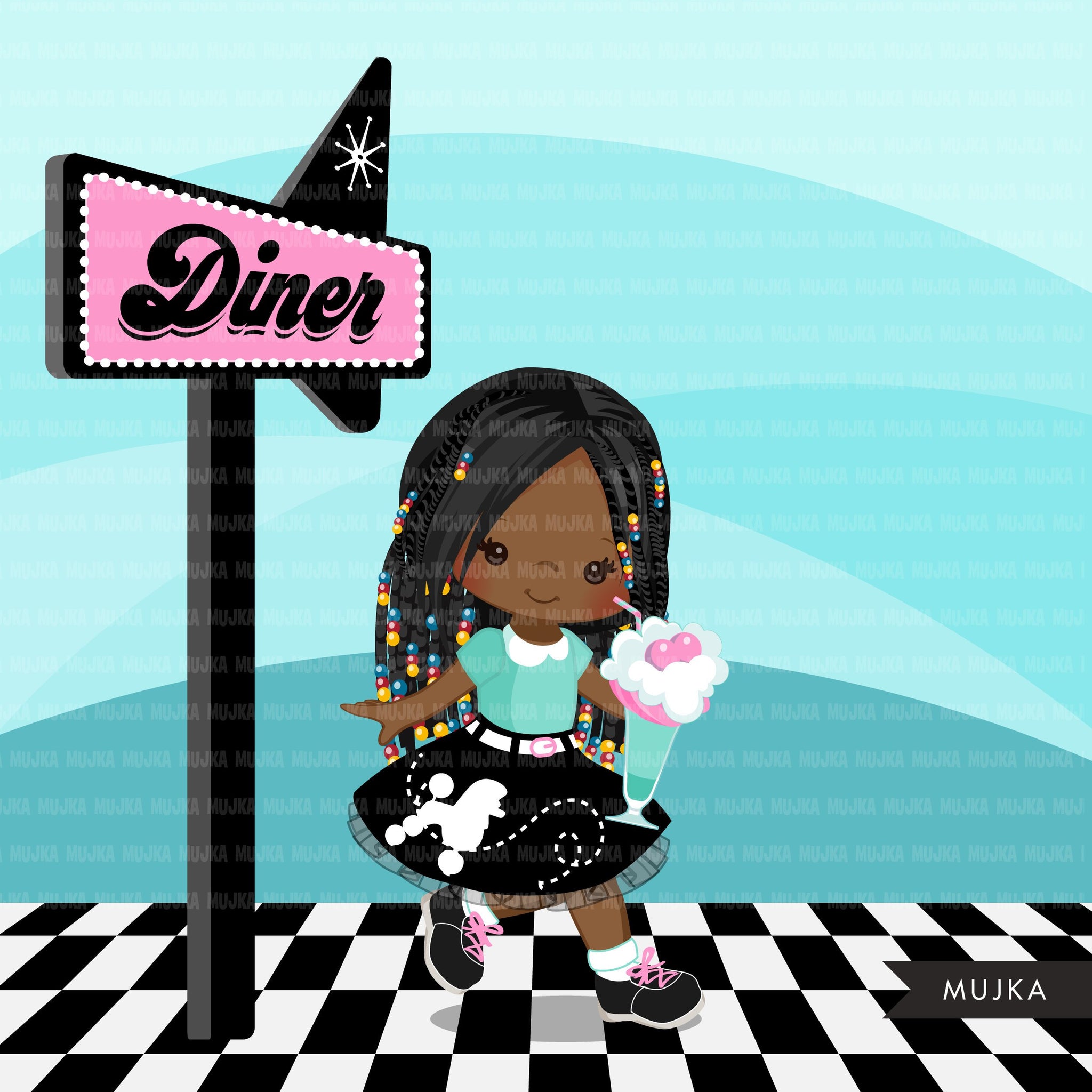 Sock Hop Party with black girl Clipart