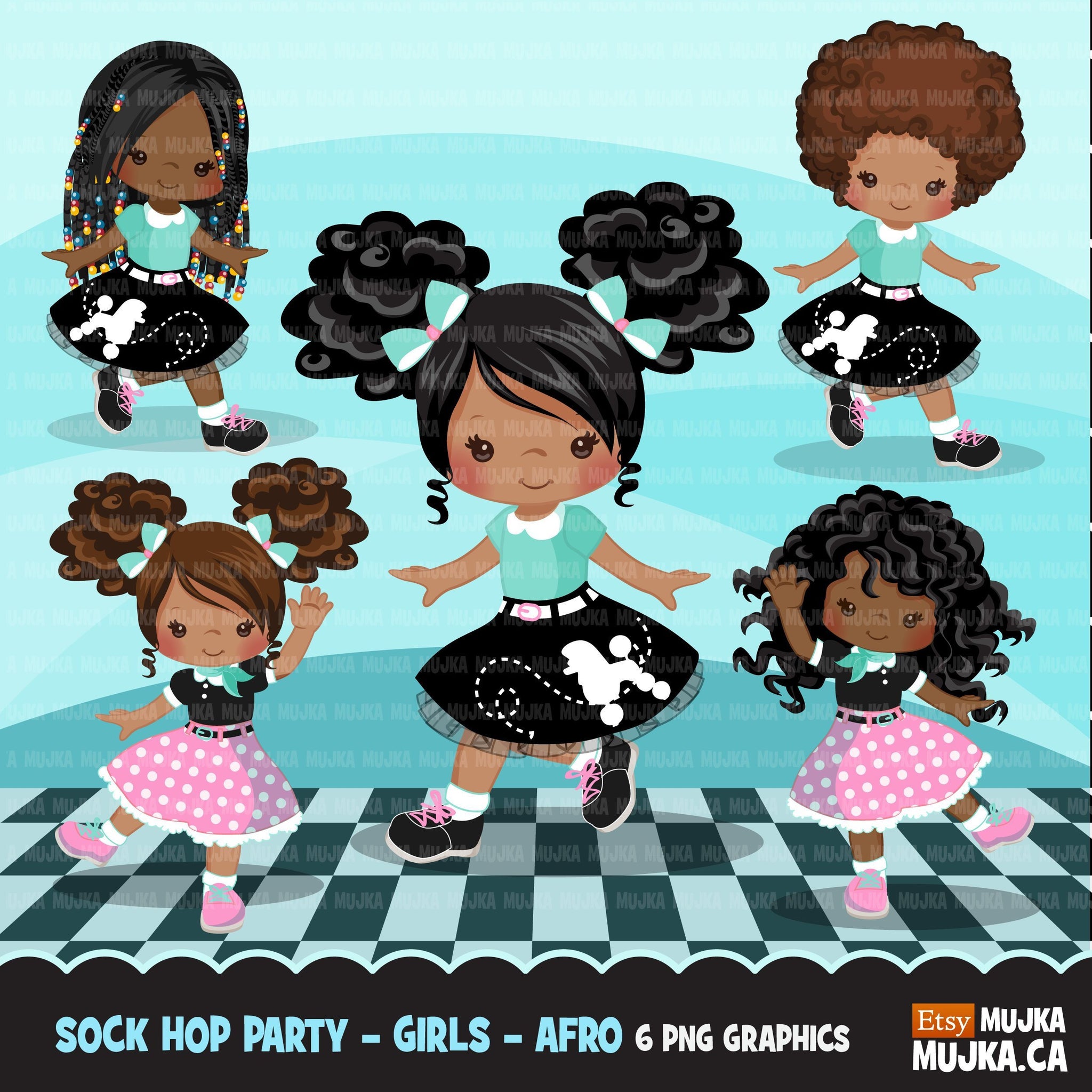 Sock Hop Party with black girl Clipart