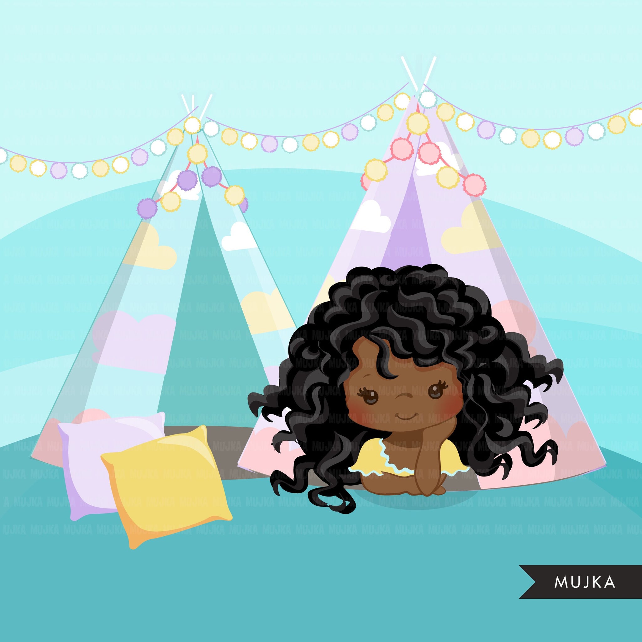 Slumber party with black girl clipart