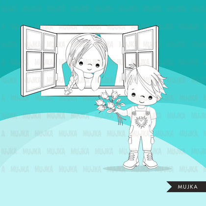 Valentine's Day Digital Stamps, girl boy love