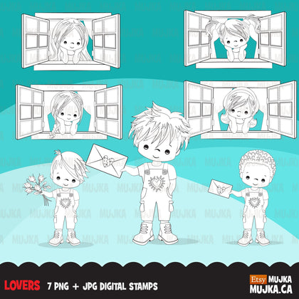Valentine's Day Digital Stamps, girl boy love