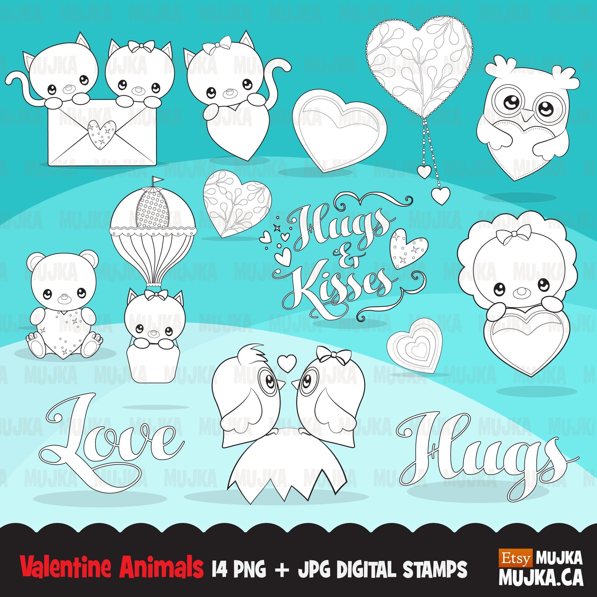 Valentine's Day Digital Stamps, animal love