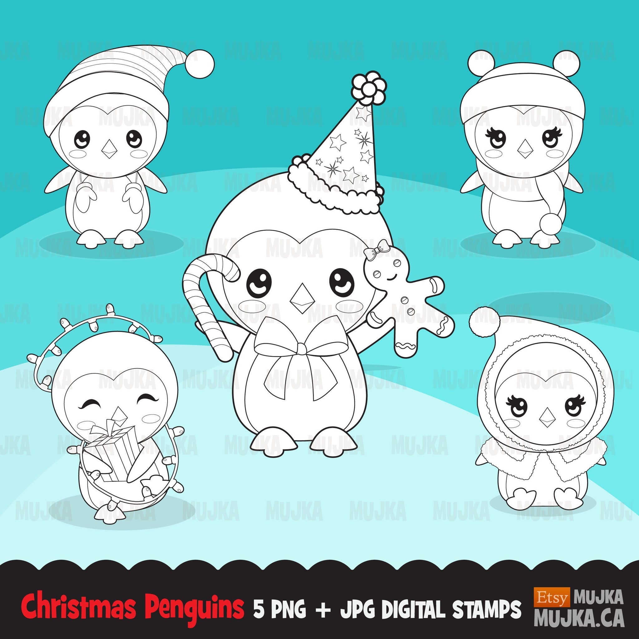 Christmas penguins Digital Stamp, winter animal