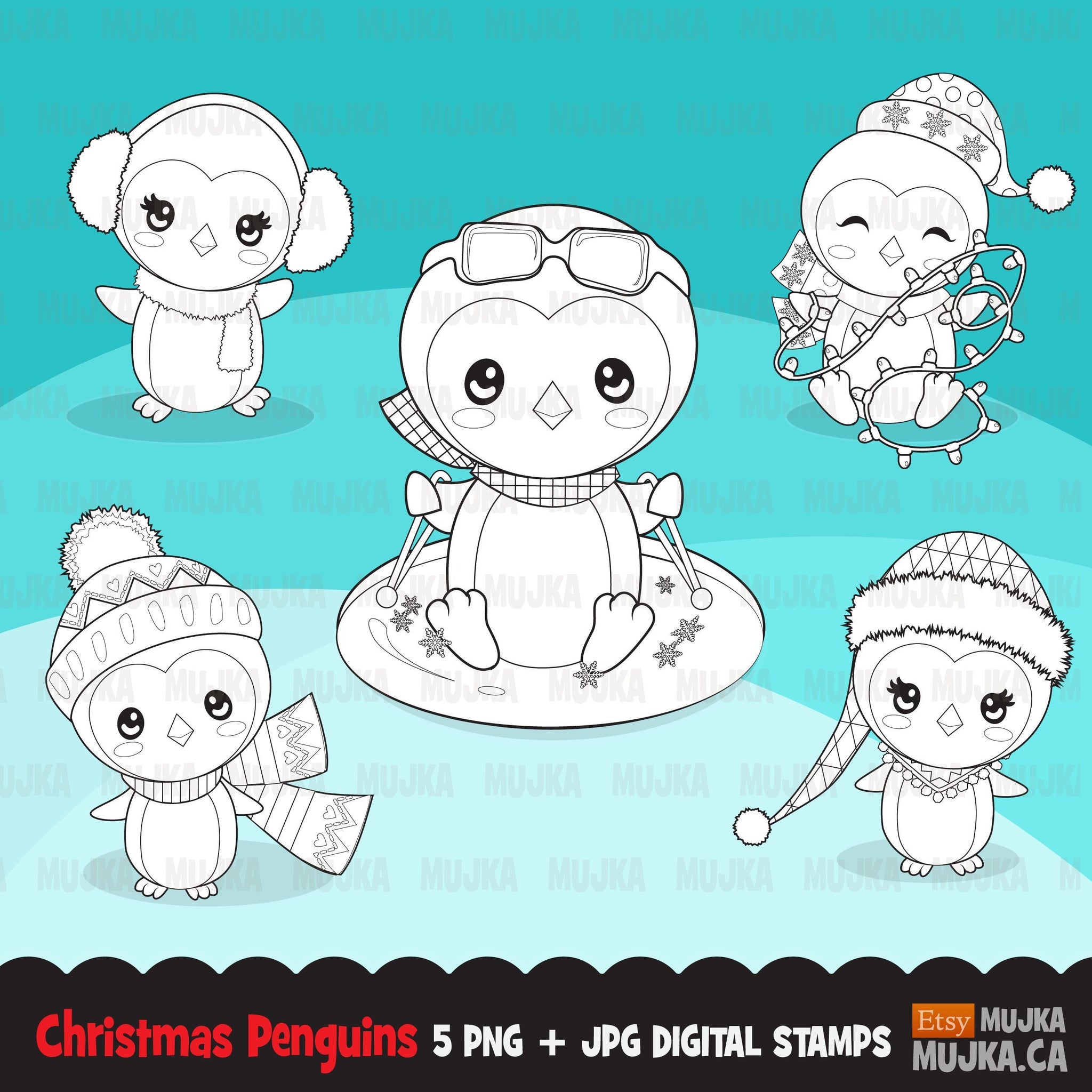 Christmas penguins Digital Stamp, Winter animal
