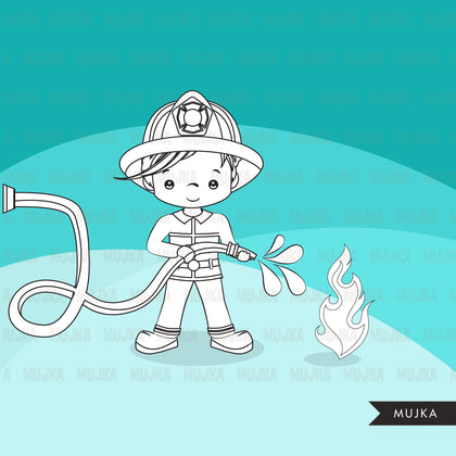 Firefighter Digital Stamps, boy and girl