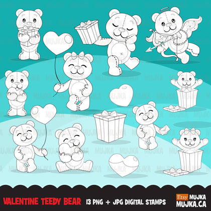 Valentine Teddy bear Digital Stamps, Valentines day stuffed animal