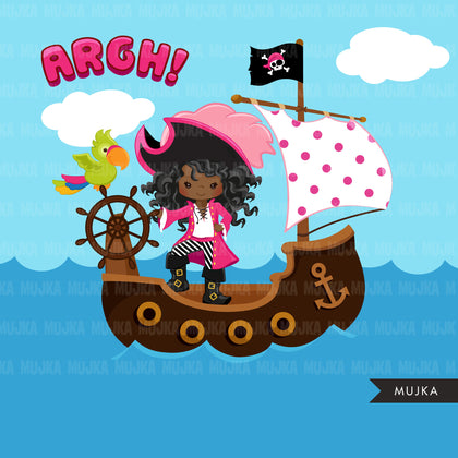 Girl Pirates Clipart, dark skin African American afro pirates