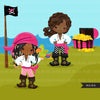 Girl Pirates Clipart, dark skin African American afro pirates