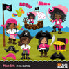 Girl Pirates Clipart, dark skin African American afro pirates