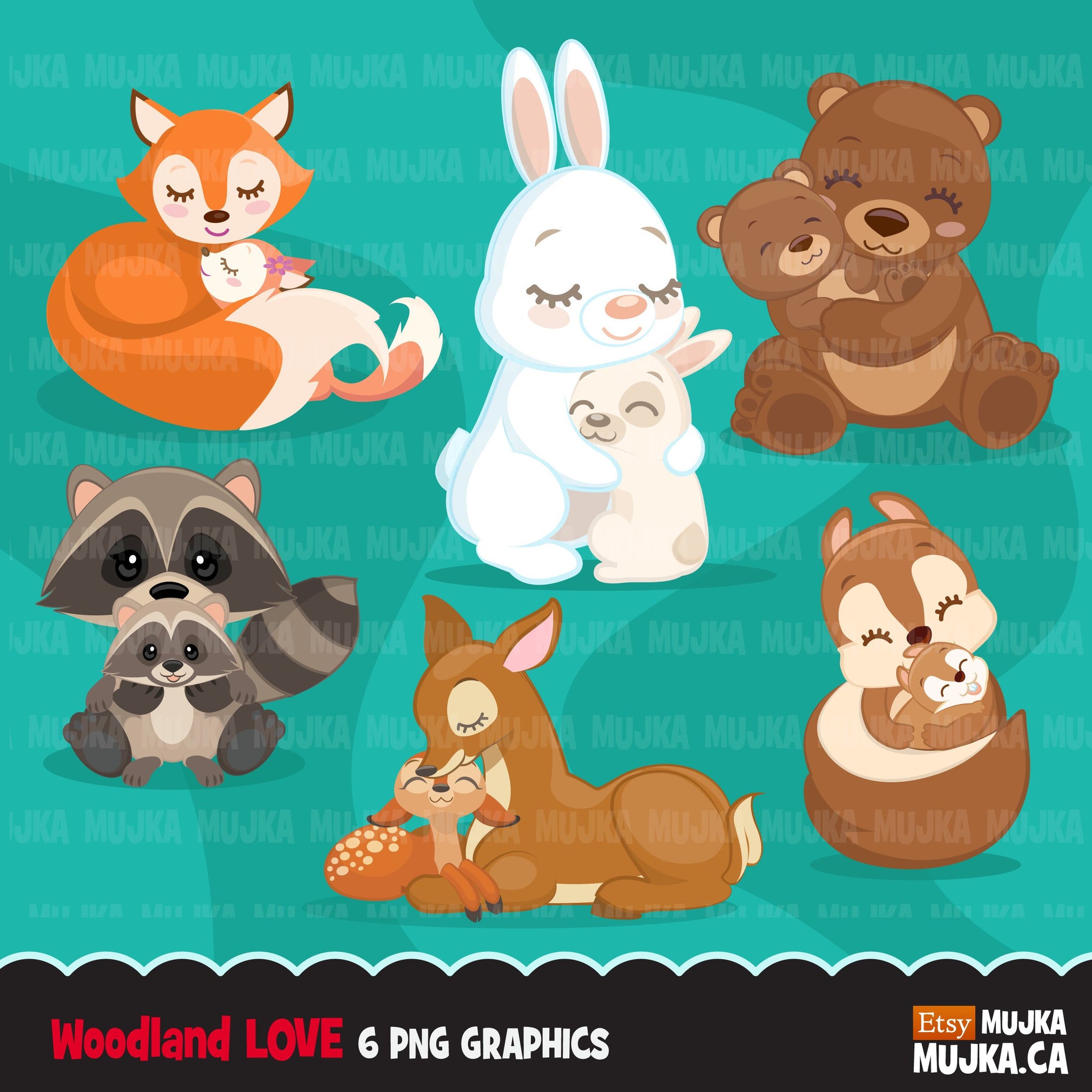 Woodland Animals love Clipart, Mother's Day Clipart, baby and mother