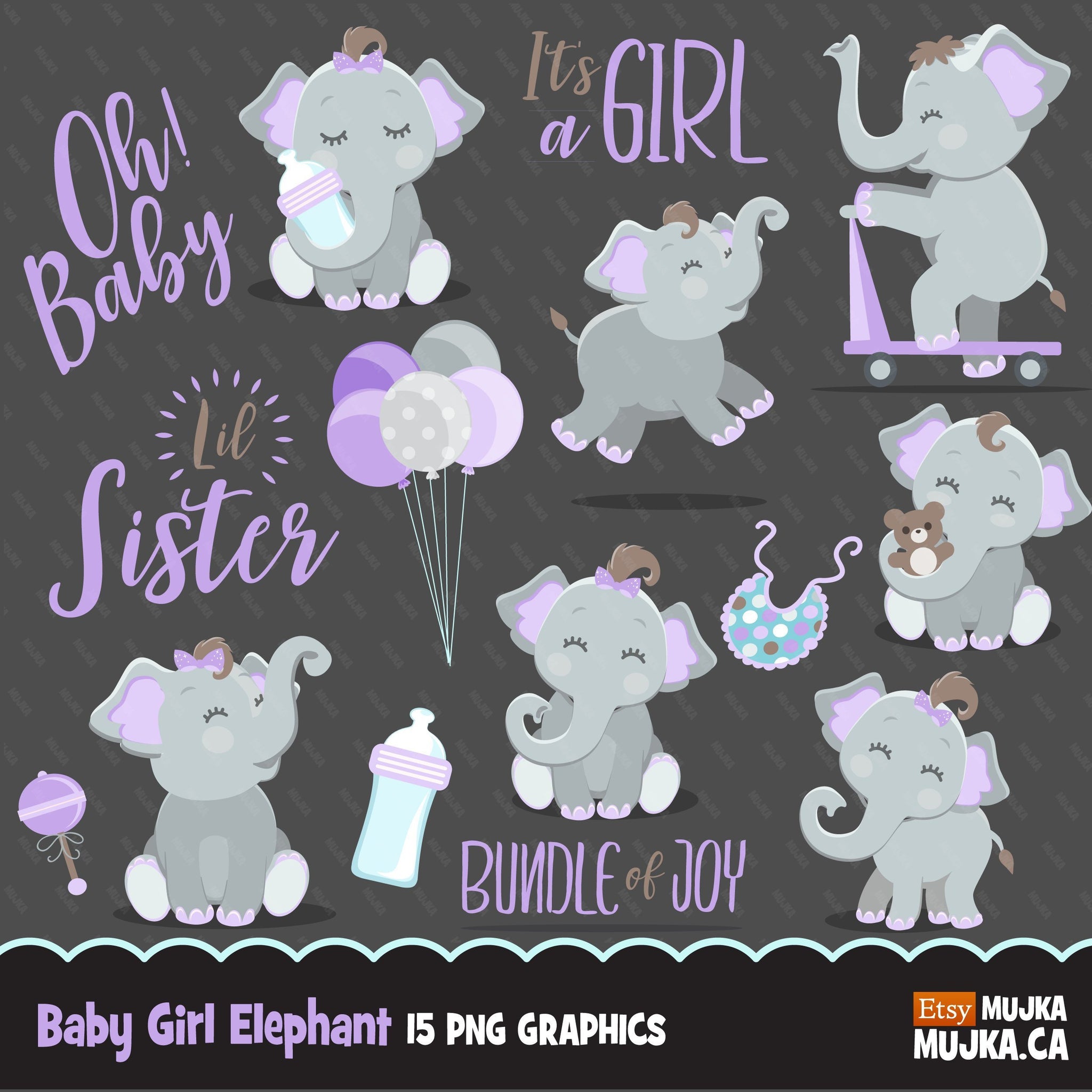 Purple elephant baby shower clipart