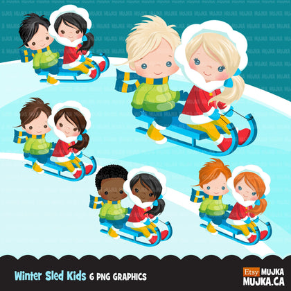 Winter sled snow boys and girls clipart