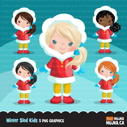 Winter sled snow girls clipart