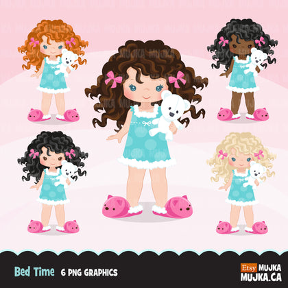 Bed time clipart, little girl bedroom, sleeping pajama graphics