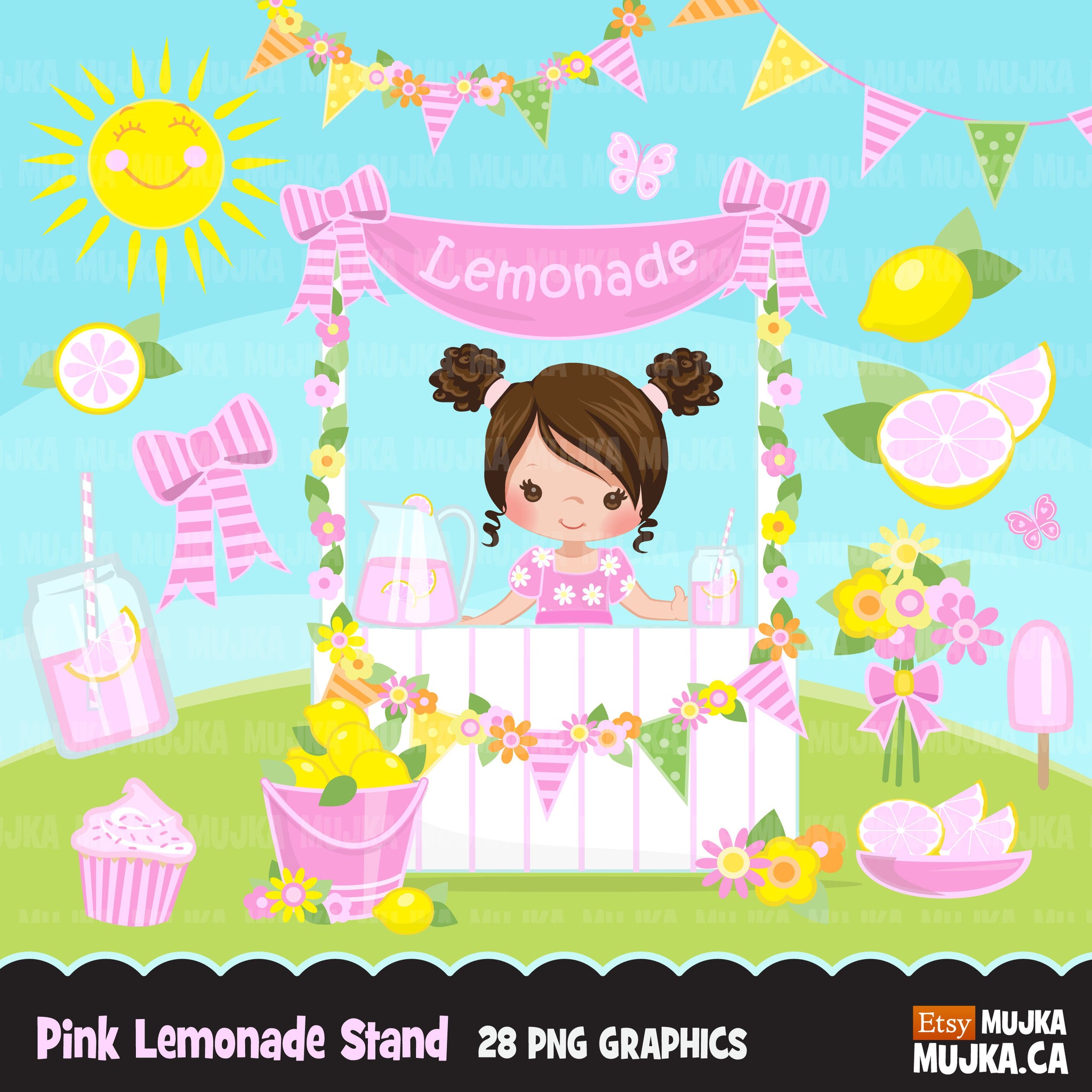 Garota em barraca de limonada rosa clipart verão