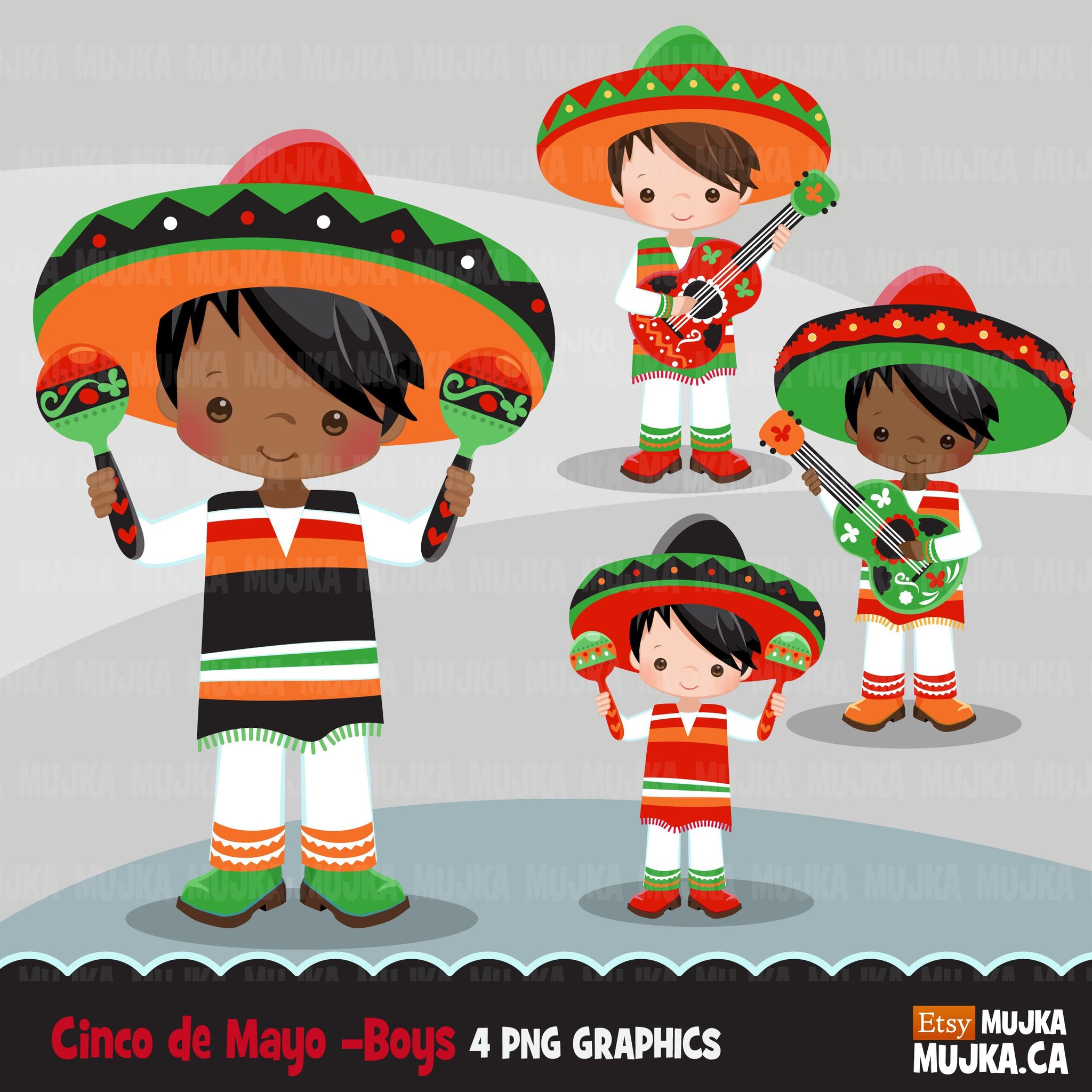Cinco de Mayo clipart, folk colorful boy musicians