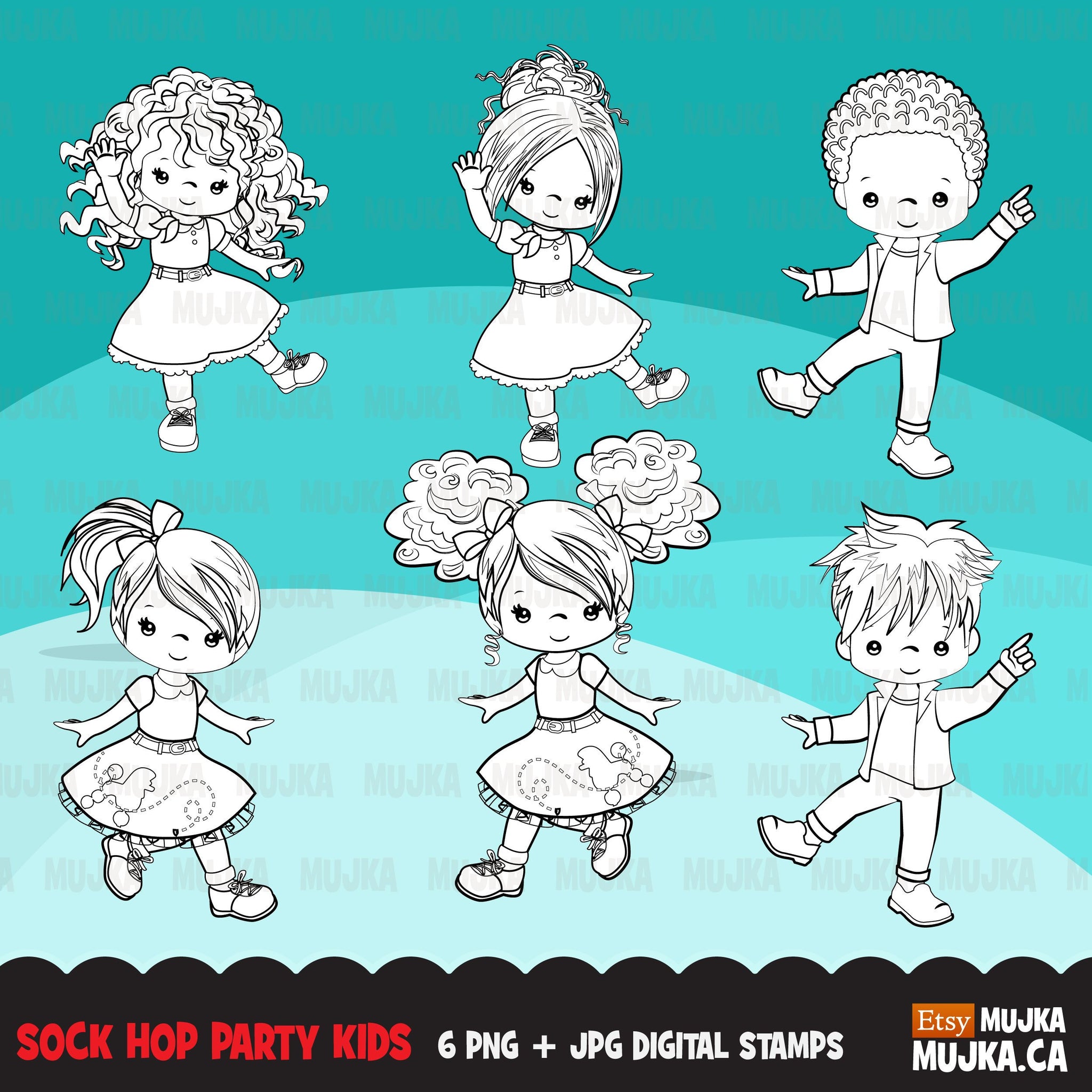 Sock Hop Party Digital Stamps with girl and boy