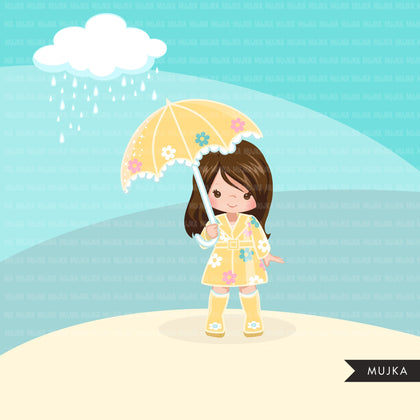 Spring showers girl clipart, little girl png