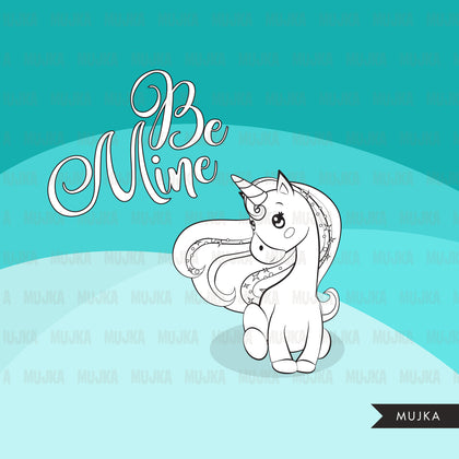 Valentine's Day unicorn Digital Stamps, animal valentine