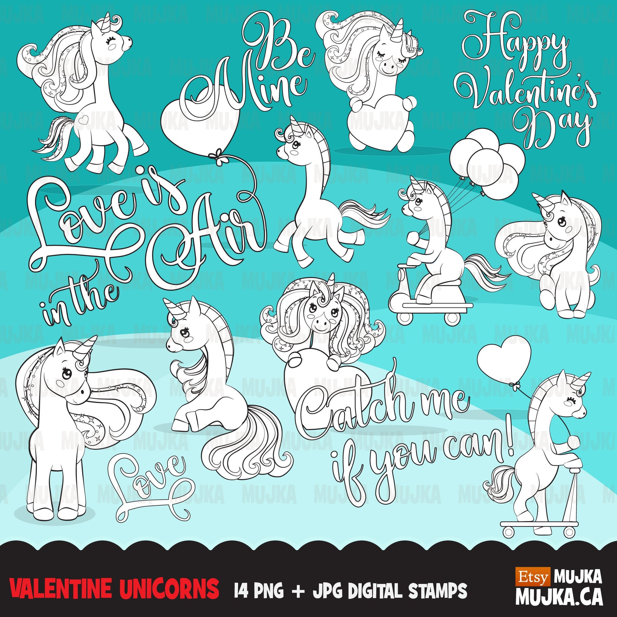Valentine's Day unicorn Digital Stamps, animal valentine